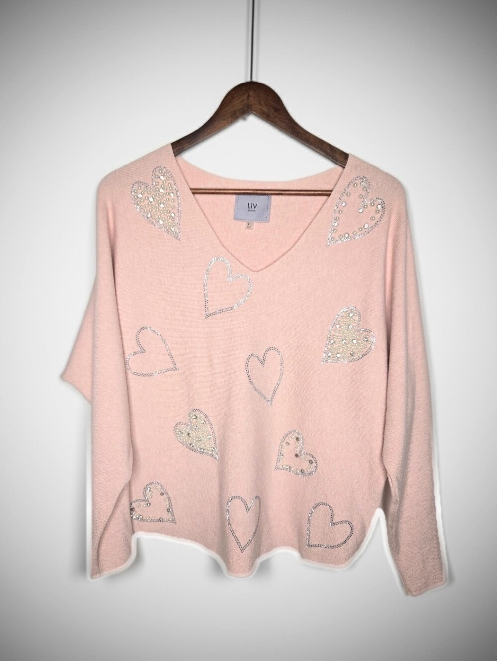 LIV Pink Rhinestone Heart Embellished V Neck Dolman Sleeve Oversized Sweater L